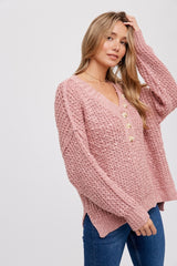 Mauve Chunky Knit Button V-Neck Sweater