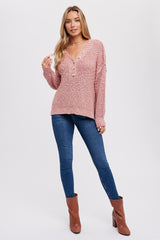 Mauve Chunky Knit Button V-Neck Sweater