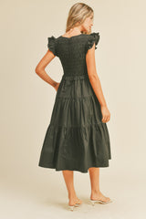 Black Smocked Flutter Sleeve Tiered Midi Dress