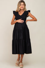 Black Smocked Flutter Sleeve Tiered Maternity Midi Dress