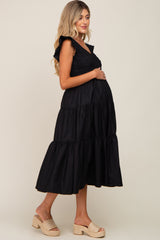 Black Smocked Flutter Sleeve Tiered Maternity Midi Dress