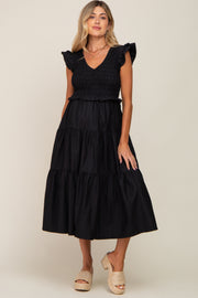 Black Smocked Flutter Sleeve Tiered Maternity Midi Dress