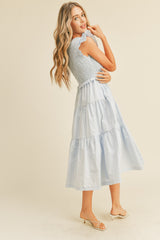 Light Blue Smocked Flutter Sleeve Tiered Midi Dress