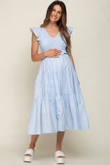 Light Blue Smocked Flutter Sleeve Tiered Maternity Midi Dress