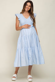 Light Blue Smocked Flutter Sleeve Tiered Maternity Midi Dress