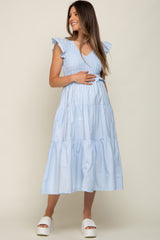 Light Blue Smocked Flutter Sleeve Tiered Maternity Midi Dress