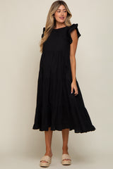 Black Ruffle Shoulder Tiered Maternity Midi Dress