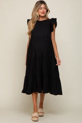 Black Ruffle Shoulder Tiered Maternity Midi Dress