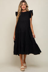 Black Ruffle Shoulder Tiered Maternity Midi Dress