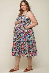 Navy Blue Multi-Color Floral Sleeveless Tiered Maternity Plus Midi Dress