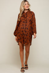 Rust Floral Button Down Long Puff Sleeve Maternity Dress