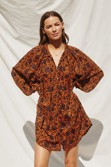 Rust Floral Button Down Long Puff Sleeve Dress