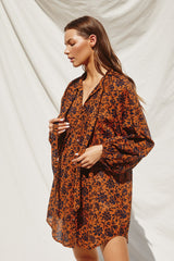 Rust Floral Button Down Long Puff Sleeve Dress