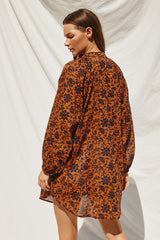 Rust Floral Button Down Long Puff Sleeve Dress