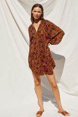 Rust Floral Button Down Long Puff Sleeve Dress