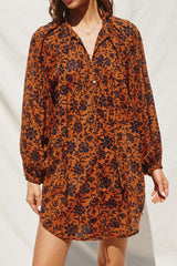 Rust Floral Button Down Long Puff Sleeve Dress