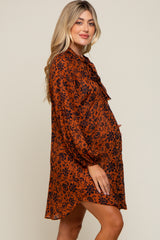 Rust Floral Button Down Long Puff Sleeve Maternity Dress