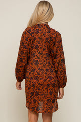 Rust Floral Button Down Long Puff Sleeve Maternity Dress