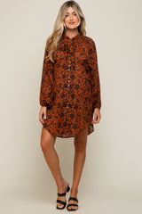 Rust Floral Button Down Long Puff Sleeve Maternity Dress