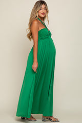 Green Front Knot Halter Maternity Maxi Dress