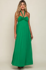 Green Front Knot Halter Maternity Maxi Dress