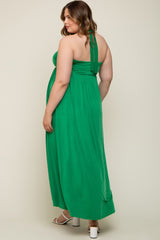 Green Front Knot Halter Maternity Plus Maxi Dress