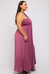 Mauve Front Knot Halter Plus Maxi Dress