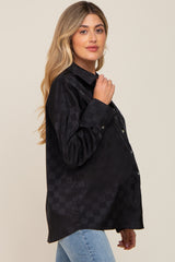 Black Checkered Satin Button Up Maternity Top