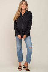 Black Checkered Satin Button Up Maternity Top