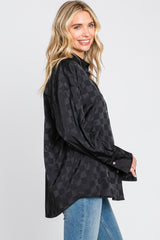 Black Checkered Satin Button Up Top