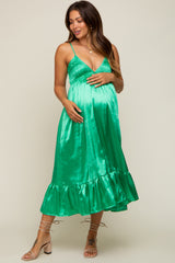 Green Satin Smocked V-Neck Maternity Midi Dress