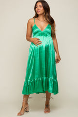 Green Satin Smocked V-Neck Maternity Midi Dress