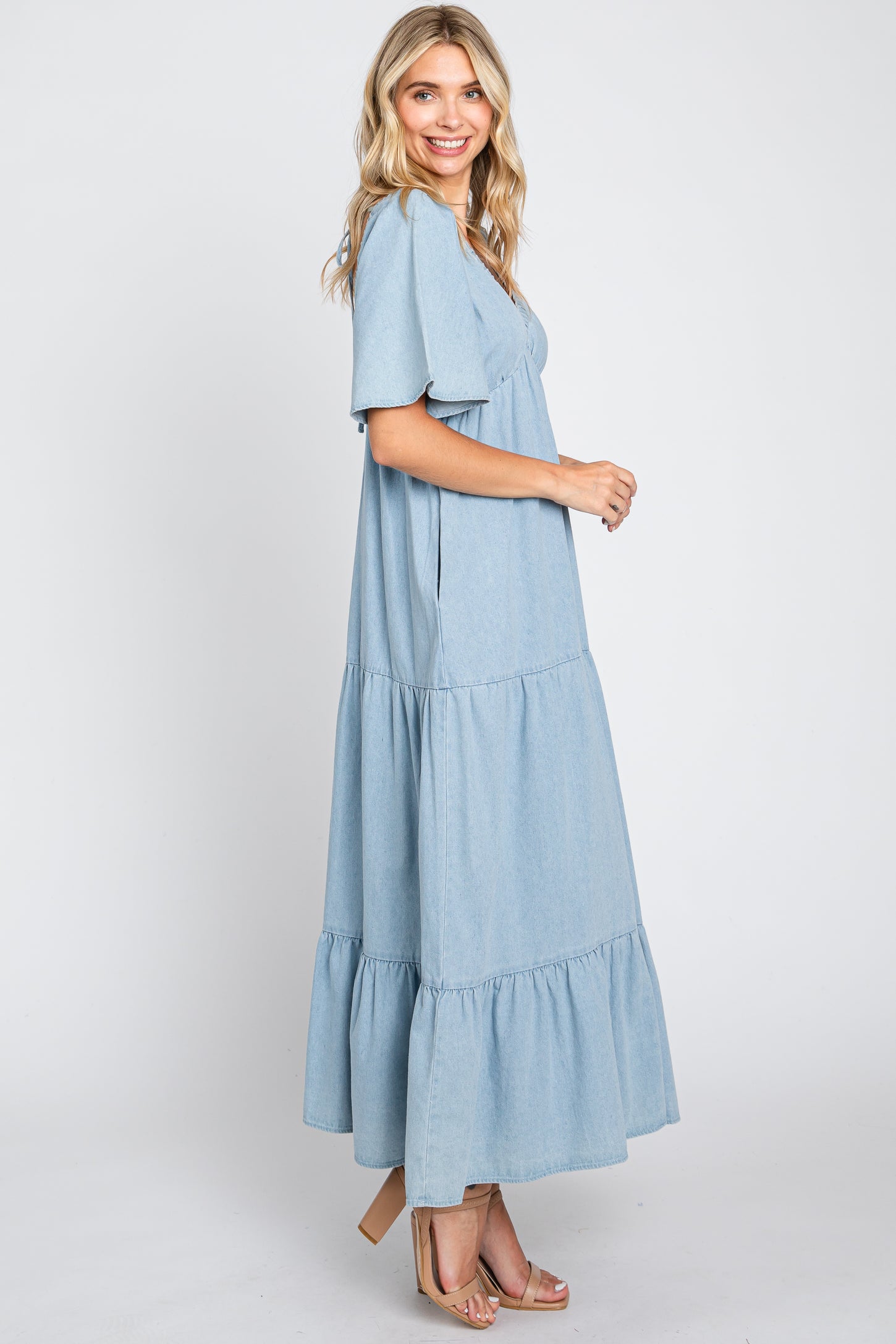Light Blue Denim Tiered Midi Dress– PinkBlush