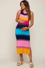 Multi-Colored Stripe Ribbed Side Slit Maternity Midi Dress