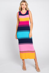 Multi-Colored Stripe Ribbed Side Slit Maternity Midi Dress