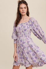 Lavender Flower Print Square Neck And Puff Sleeve Dress