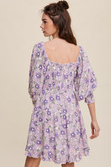 Lavender Flower Print Square Neck And Puff Sleeve Dress