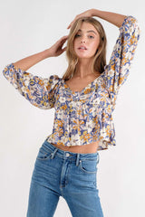 Blue Floral Top With V Neck