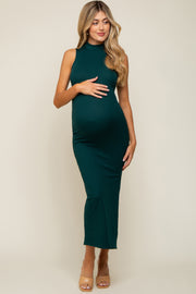 Forest Green Ribbed Mock Neck Side Slit Maternity Maxi Dress