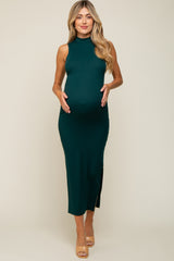 Forest Green Ribbed Mock Neck Side Slit Maternity Maxi Dress