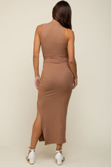 Taupe Ribbed Mock Neck Side Slit Maternity Maxi Dress