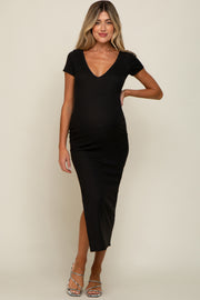 Black Basic Ribbed Side Slit Maternity Midi Dress