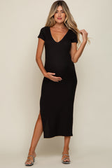 Black Basic Ribbed Side Slit Maternity Midi Dress