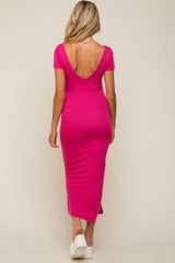 Fuchsia Basic Ribbed Side Slit Maternity Midi Dress