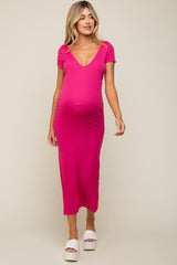 Fuchsia Basic Ribbed Side Slit Maternity Midi Dress