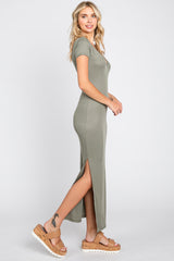 Light Olive Basic Ribbed Side Slit Midi Dress