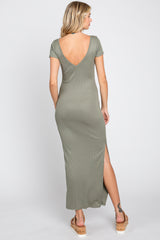 Light Olive Basic Ribbed Side Slit Midi Dress