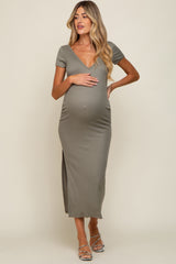 Light Olive Basic Ribbed Side Slit Maternity Midi Dress