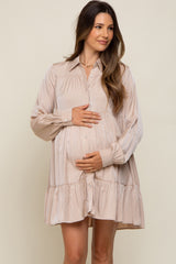 Taupe Button Up Tiered Long Sleeve Maternity Dress