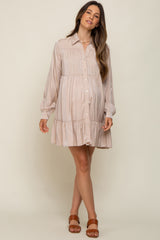 Taupe Button Up Tiered Long Sleeve Maternity Dress